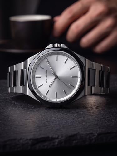 Image of AMERICANVIBER Modern Analog Watch, Silver and Black Two-Tone Stainless Steel Band, Octagonal Case, White Dial for Men