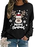Dresswel Weihnachtspullover Damen Merry Christmas Sweatshirt Lustig Rudolph Rentier Druck Baumwolle Weihnachten Weihnachts Xmas Pullover Weihnachtspulli Teenager Mädchen