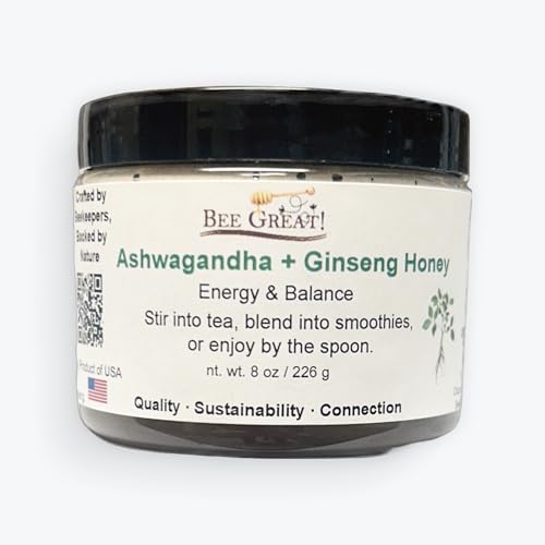 Bee Great Ashwagandha & Ginseng Honey, Raw Honey with Adaptogens – Stress & Energy Support Superfood Sweetener, 8 oz