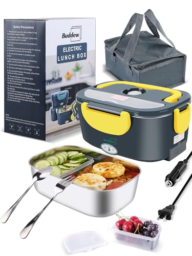 Buddew Electric Heated Lunch Box, 80W Fast Heating, 1.5L Food-Grade 304 Stainless Steel, 12V/24V/110V Portable Food Warmer for Car Truck Office Adults, Lonchera Electrica Portatil (Yellow1) option