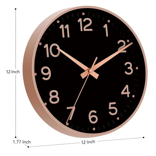 Image of Roymnie Wall Clock 12 Inch Silent Wall Clocks Battery Operated-Modern Non Ticking Analog Clock Decorative for Kitchen Bedroom Office (Black Rose Gold)