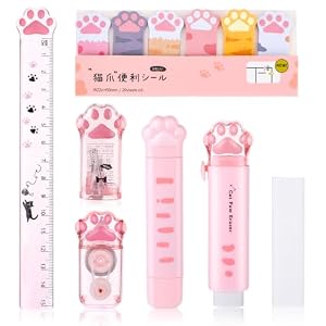 TIESOME Lindo juego de papelería de pata de gato, 7 piezas de suministros escolares de dibujos animados Kawaii, incluye sacapuntas retráctiles, cinta correctora, notas adhesivas, regla, borrador de