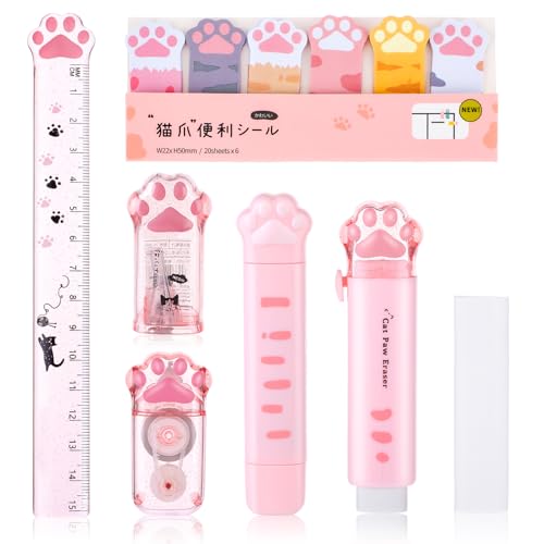 TIESOME Lindo juego de papelería de pata de gato, 7 piezas de suministros escolares de dibujos animados Kawaii, incluye sacapuntas retráctiles, cinta correctora, notas adhesivas, regla, borrador de