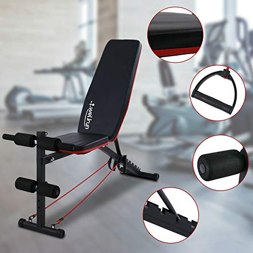 Weight Bench Adjustable, Workout Bench Press, Foldable Incline Decline Sit Up Exercise bench, Flat Strength Training Benches for Home Gym with Resistance Bands
