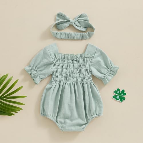 Infant Baby Girls Romper Ruffle Sleeve Pleated Smocked Bubble One Piece Ruched Jumpsuit Boho Summer Bodysuit3