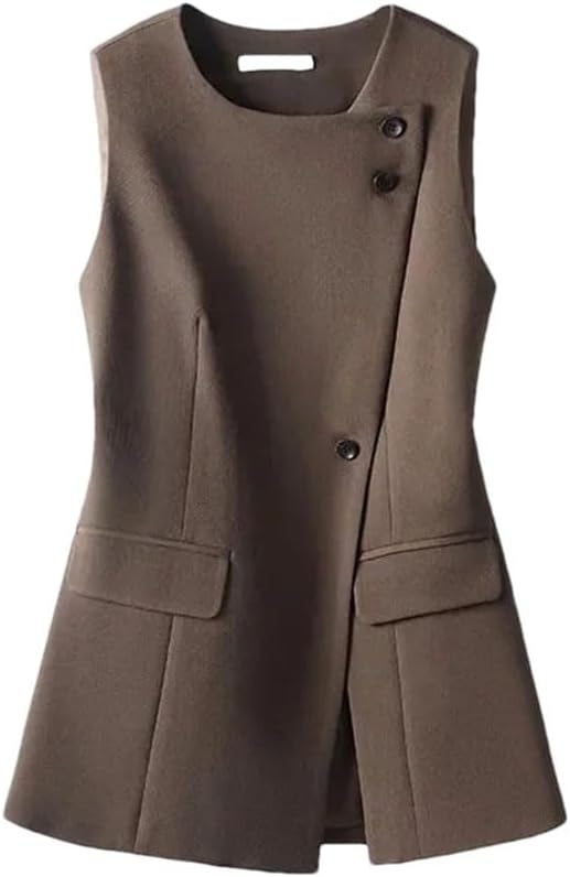 Women’S Turn Down Collar Vest With Single Button And Patch Designs Solid Loose Casual Office Blazer