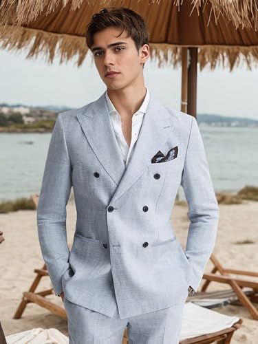 Men's Linen Suit 2 Piece Suit Set Slim Fit Suit Blazer Pants Set Wedding Prom Tuxedos Business Casual Suit4