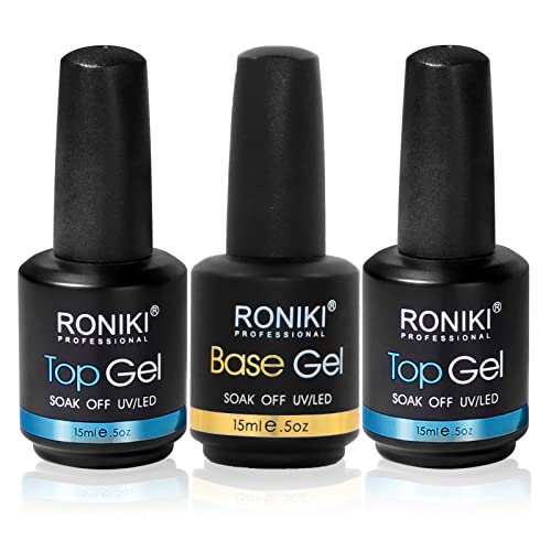 RONIKI Gel Nail Polishes Top and Base Coat, 3x15ml Soak Off UV LED Gel Nail Polish Base and Top Coat Long Lasting Glossy Shine Finish Gel Polish