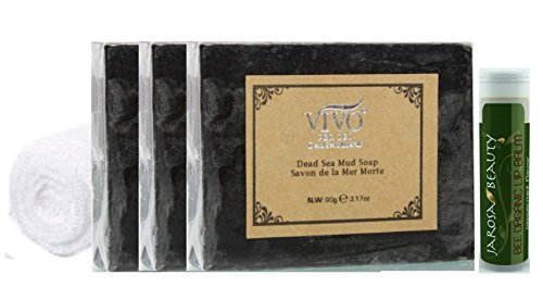 Vivo Per Lei Dead Sea Mud Soap (Pack of 3) with a Certified Organic Jarosa Beauty Bee Organic Peppermint Lip Balm and a New Utopia Washcloth