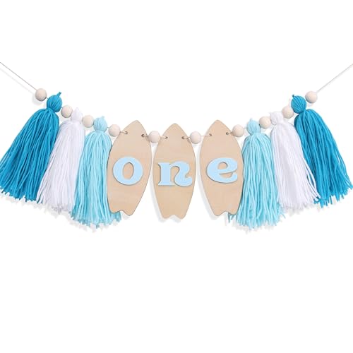 Image of Big One Surf High Chair Banner - Wave 1st Bithday Decorations, Surfing Board Birthday Highchair Banner, Beach First Birthday Tassel Garland