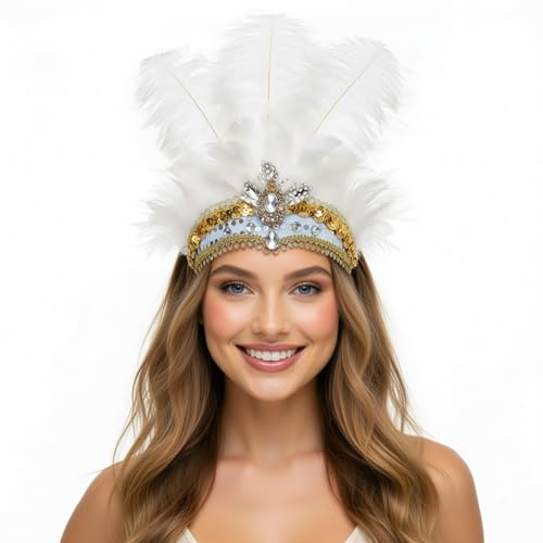 NUXMAW Showgirl Feather Headpiece Carnival Headband Vegas Costume Accessories Rio Mardi Gras Party (White)
