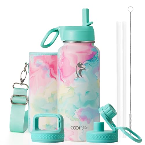 Image of Coolflask 32 oz Water Bottle Insulated with Straw & 3 Leakproof Lids