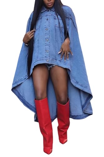 Vakkest Women's Long Jean Jacket Button Down Vintage Loose Poncho Lapel Neck Irregular Denim Trench Coat