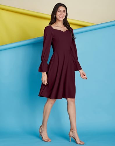 Image of SIRIL Women's Full Sleeve Polyester Solid Fit & Flare Dress, One Piece Dress for Women