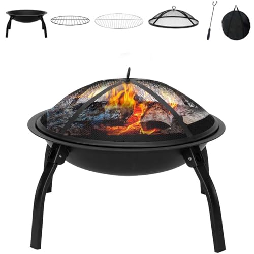 Portable Outdoor Fire Pit-Wood Burning Fire Pit Collapsible Pits with Alloy Mesh Lid Fire Picker for Campervan Trips Backyard BBQ Porch Deck & Camping