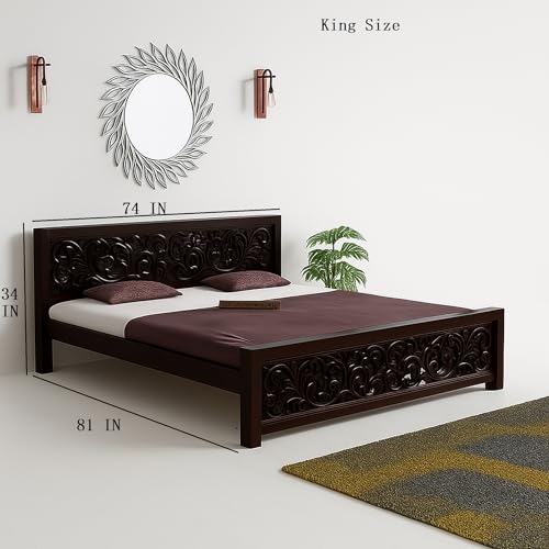 Image of Sheesham Wood Bed Without Storage Solid Wooden Cot Bed Elegant and Functional Bedroom Living Room Home (Walnut AB, King)