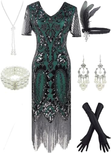 Image of Women 1920s Gatsby Vintage Sequin Flapper Fringe Party Plus Dress with 20s Accessories Set