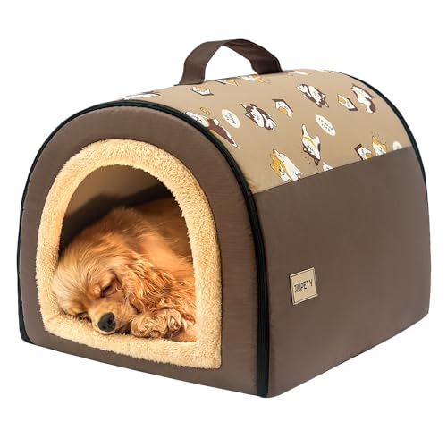 Jiupety Casetta Accogliente per Cuccia Cane Interno, 2 In 1 Casetta per Cani, Taglia L per Cani di Piccola e Media Taglia, Comoda Portatile per Cucce per Cani da Interno, Marrone