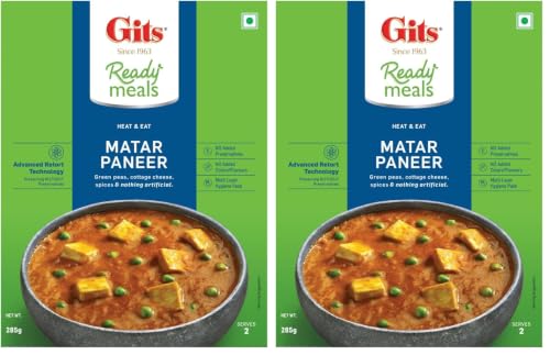 Image of Gits Ready to Eat Matar Paneer, Pure Veg, Heat and Eat Spicy Curry, Microwaveable, 285g (Pack of 2)