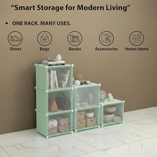Image of ALOXE DIY Foldable Shoe Rack | 4 Layer Plastic Shoes Rack with Door Cover | Multipurpose Stand for Home & Entryway (Green)