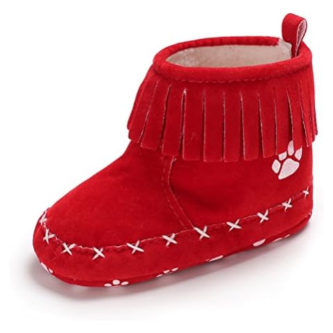 Baby Girls Tassel Boots with Footprint Design Super Soft Sole Winter Snow Boots Infant Warm Shoes (12-18 Months, Red) Cover