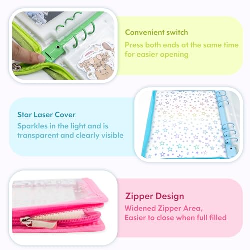 Image of A5 Sticker Organizer Binder with Zipper Closure, Reusable Sticker Storage Album with Pockets, Perfect for Collecting, Organizing, and Displaying Stickers (Star-Blue)