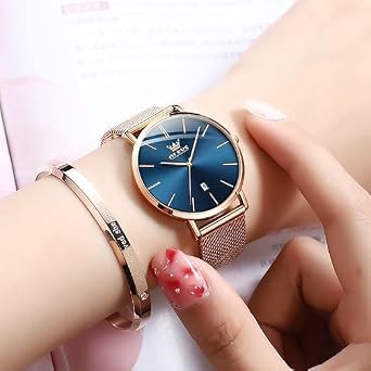 OLEVS Ladies Watches Rose Gold Mesh Strap Fashion Dress Quartz Waterproof Luminous Female Wrist Watches for Women Bracelet Sets