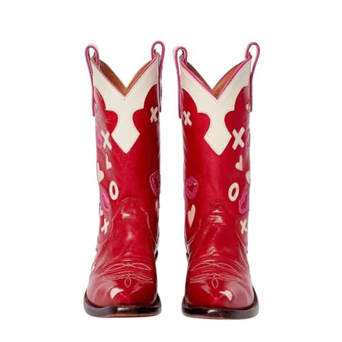 Western Cowboy Boots for Women Mid Calf Chunky Heel Love Heart Embroidery Lipstick Red Booties 6