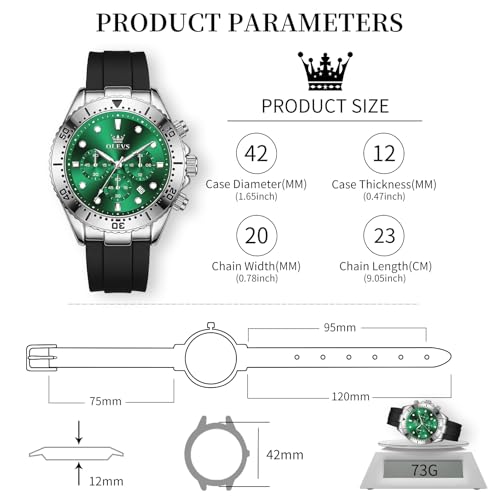 Image of OLEVS Men's Watches Sport Chronograph Analog Quartz Watch for Men with Date Waterproof Dress Casual Fashion Watch Soft Silicone Rubber Strap Band, Unidirectional Bezel & 42mm Big Face