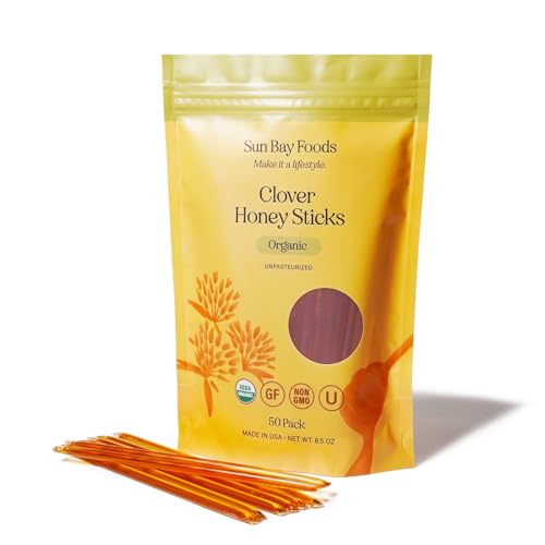 Sunbay Foods Organic Honey Sticks - 100% Pure Raw Clover Honey Straws - Easy to Open Natural Sweetener for Tea, Coffee, Healthy Snacks, Hiking & Gym- Made in the USA with Real Honey (50, Clover)