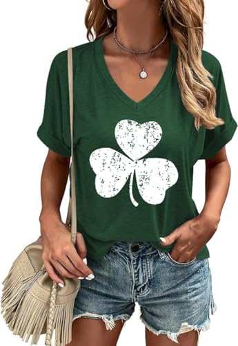 Woffccrd Womens Short Sleeve V Neck T-Shirts St. Patrick's Day Spring Shirts Love Heart Graphic Tees (XL,SPD3 Green)