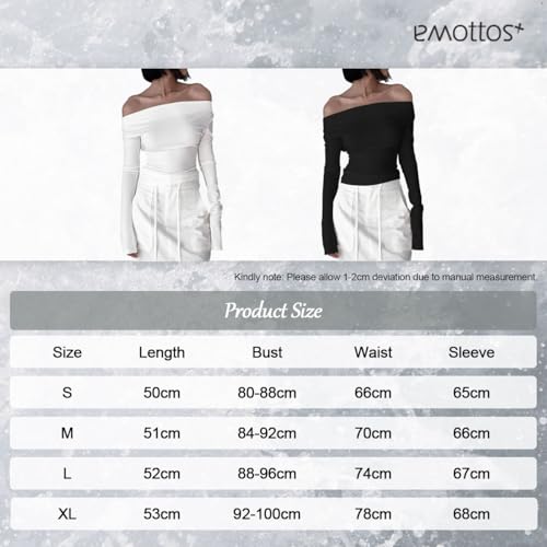 EMOTTOS Tops de Encaje Sexy para Mujer, Crop Top de Manga Larga con Escote Swing, Camisa Larga con Encaje sin Hombros, Camiseta Y2K (Negro/Blanco, S-XL)