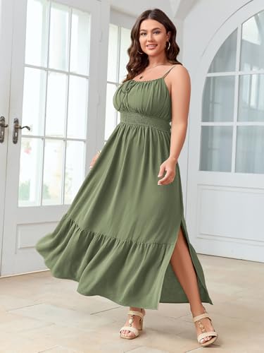 Image of SCOMCHIC Plus Size Summer Boho Dresses Spaghetti Strap Sleeveless Casual Sundress Smocked Flowy Slit Beach Maxi Dress