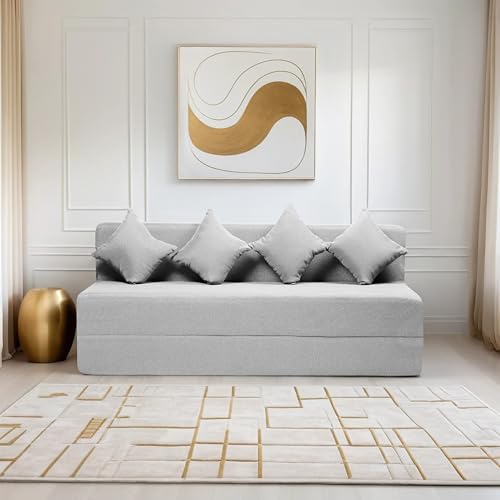Image of Amazon Brand - Solimo 4 Seater 6 * 6 Jute Fabric Washable Cover Sofa Cum Bed with 4 Cushions 4 Seater Double Foam Fold Out Sofa Cum Bed (Finish Color - Light Grey Delivery Condition - Pre-Assembled)