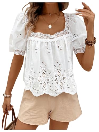 SweatyRocks Women's Square Neck Puff Sleeve Eyelet Lace Hollow Out Embroidered Top Blouse