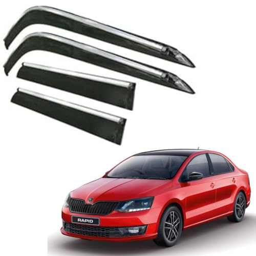 Image of CAR SAAZ Side Door Visors for Rapid (2017-2021)(Set of 4Pcs)|Chrome Lined Rain Guards, Polycarbonate, Smoke Finish