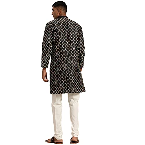 Image of SOJANYA, Men's Silk Blend NavyBlue Kurta with Multi Color Embroidery and Off-White Pyjama