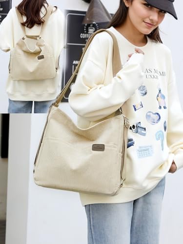 Image of Corduroy Tote Bag for Women Convertible Backpack Purse Crossbody Hobo Handbags for Women College Work Travel