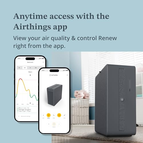 Image of Airthings Renew - smart air purifier ideal for bedroom and baby room with HEPA-13 & charcoal filters - Portable with PM sensor and filters for allergies, dust removal, pet hair, smoke