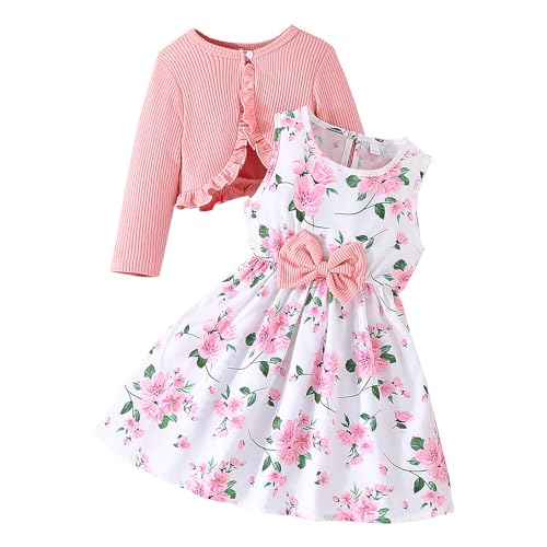 JiAmy Mädchen Kleider und Strickjacke 2Pcs Outfits Set Kleinkind Langarm Gestrickt Rüschen Mantel Floral Print Freizeitkleid Herbst Kleidung für 7 Jahre Rosa Blume