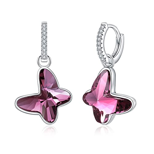 Women's 925 Sterlling Silver Butterfly Crystal Earrings (Style 1-Purple) #TOP1
