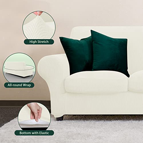 Chun Yi 3 Pieces Stretch Loveseat Sofa Cover For 2 Seater Couch, Washable Soft Sofa Slipcover With 2 Separate Seat Cushion Covers For Dogs, Checks Spandex Jacquard Fabric, Medium, Ivory White #TOP3