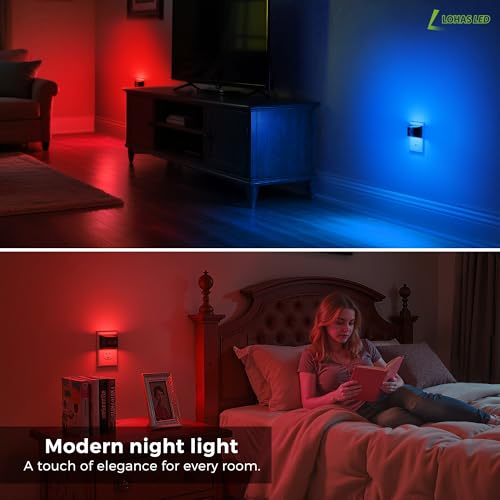 Image of L LOHAS LED Night Light with Motion Sensor & Dusk to Dawn Sensor, Night Lights Plug into Wall with 30-100lm Adjustable Brightness, Dimmable Night Light for Bathroom Hallway, Red, 4 Pack