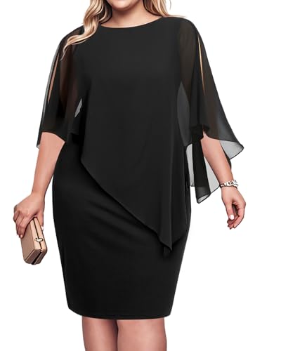 Pinup Fashion Plus Size Dresses for Wedding Guest - Women Cape Cocktail Party Chiffon Overlay Pencil Dress