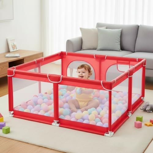 Image of ShivAnanta Foldable Baby Playpen Safety Fence for Kids Indoor Play Area with 30 Pit Ball Breathable Mesh, Anti Slip Base, Toddler Play Yard for Crawling, Playing & Learning Activity Play Center 3+ Years (Red)
