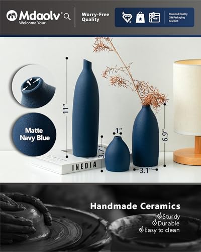 Mdaolv Matte Blue Vase Set Navy Blue Decor Coastal Decor Vases for Kitchen Island Living Room Office Table Fireplace Mantle Decorations & Bathroom Shelf Decor Centerpiece Table Decorations Ceramic - Image 6