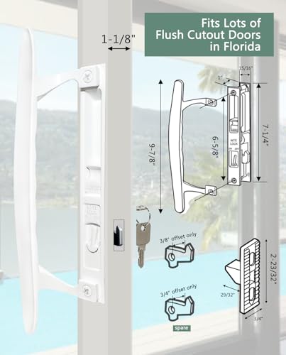 Image of Patio Sliding Glass Door Handle Set, 6-5 /8 inch H.C., Fits 1 inch to 1-1 /8 inch Thick Doors, White Diecast, Features Lock & 2 Hook Latch & Keys, Flush