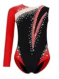 Sinleey Enfant Fille Justaucorps Gymnastique Rythmique Asymétrique Une Epaule Body Strass Brillant Leotard de Danse Ballet Patinage Bourgogne 13-14 ans