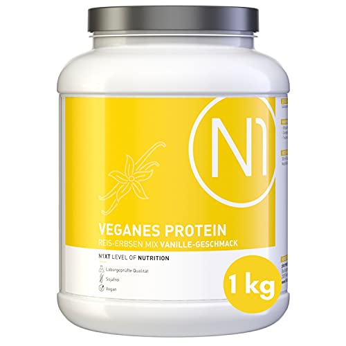 N1 Vegan Protein Eiweißpulver 1kg Dose [100% Pflanzlich] Protein Pulver Vanille - Eiweiß Muskelaufbau, Eiweißpulver zum Backen, Mehrkomponenten Protein, Whey Protein vegan, Eiweiss Shake, Proteine