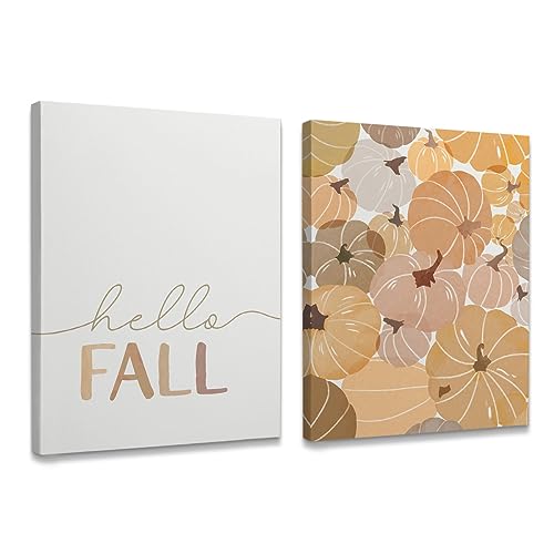 Rustic Vintage Hello Fall Pumpkin Harvest Framed Canvas Wall Art